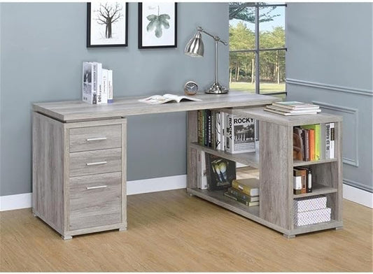 Pemberly Row L Shape Corner Storage Desk in Grey Driftwood, Letter/Legal File, 5 Bookshelves