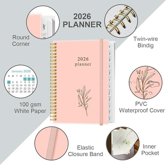2026 Planner - Planner 2026 from January 2026 to December 2026, Weekly & Monthly Planners Spiral Bound with 12 Monthly Tabs, Inner Pocket, 6.4" x 8.5", Pink
