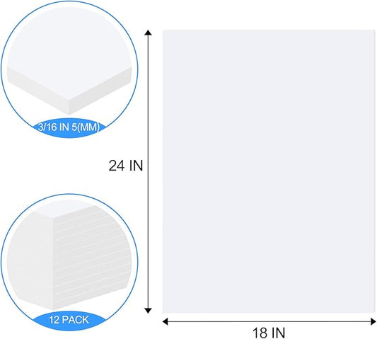 ToLanbbt 12 Pack White Foam Board, 18 x 24 x 3/16" Thick Foam Core Acid Free Poster Foamboard for Art Craft Projects, Painting, Displaying, Signage, Wedding, School