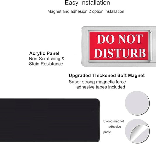 Magnetic Do Not Disturb Sign - Privacy Slider Door Hanger with Non-Scratch Surface, Reversible Indicator for Home Office, Restroom, Hotel, Hospital, Conference Room, 7"x2" Silver.