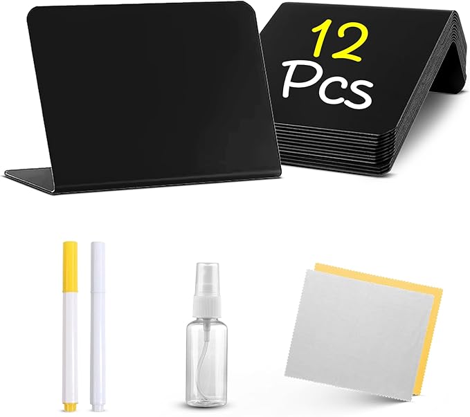 12 Pack Mini Chalkboard Signs for Food, 4āx3ā Small Reusable Chalk Board Signs w/Spray Bottle, Food Labels for Party Buffet, Table Signs for Wedding, Name Tags, Bakery