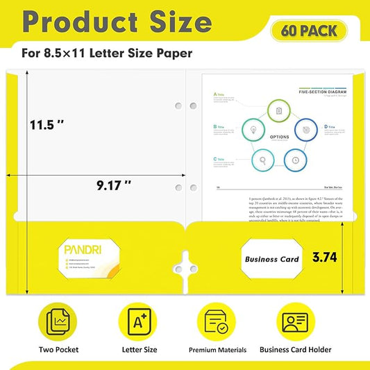 Two Pocket Portfolio Folders, PANDRI 60 Pack 3 Hole Punched 2 Pocket Folders for 3 Ring Binder, Letter Size Paper File Folder for School Office Home Business, Yellow