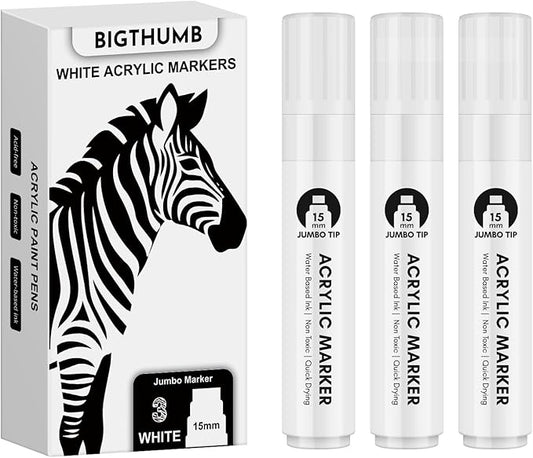 BIGTHUMB Thick White Jumbo Poster Markers: 3 Pcs 15mm Wide Tip Large Acrylic Paint Pens Big Permanent Markers Calligraphy Marker for Rock Painting, Sign, Canvas, Glass, Wood, Ceramic