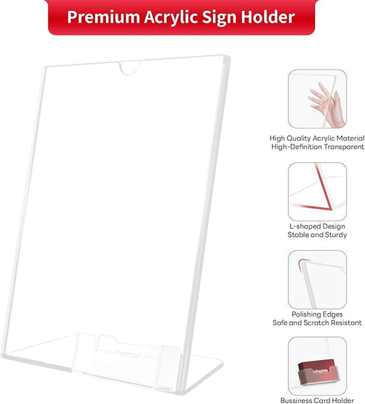 Acrylic Sign Holder 8.5 x 11 Inches with Business Card Holder Clear Plastic Brochure Flyer Display Stand Slanted Countertop Organizer for Pamphlets Magazines Booklets Menus, 4 Pack