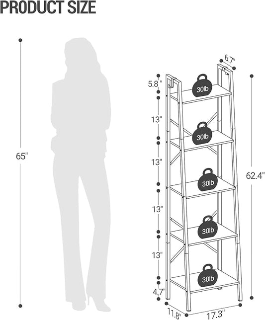 Hzuaneri Ladder Shelf, Bookshelf Bookcase, Freestanding Corner Storage Shelve with 2 Hooks for Home Office, Living Room, Kitchen, Bedroom, Industrial, 11.8" D x 17.3" W x 63" H, White BC19213W