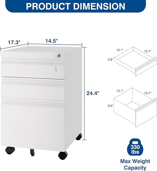 Fesbos 3 Drawer Mobile Metal File Cabinet, White Filling Cabinets with Lock, Pre-Built Office Storage File Cabinet with Wheels Under Desk - Assembled Required