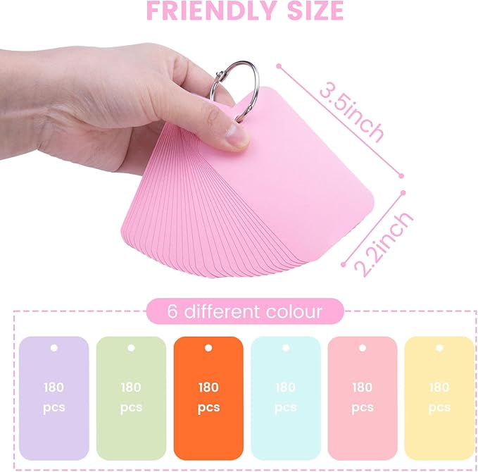 Koogel 1080PCS Index Cards with Rings for School, 2.2 x 3.5 Inch, Colored Flash Cards for Studying, Portable Notecard for Classroom Tests Preparation Teacher Education Office Supplies, 6 Colors