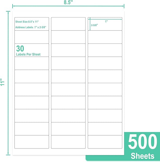 L LIKED Printable Address Labels, 1" x 2-5/8", 15000 Labels, 30 per Sheet, Blank Mailing Labels for Envelopes (500 Sheets)