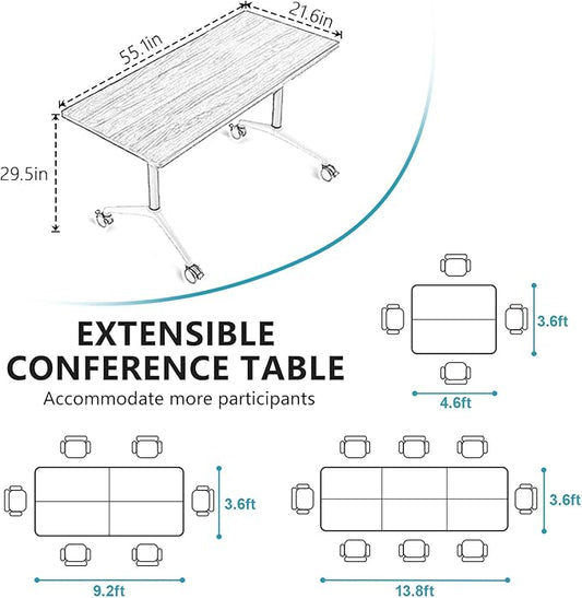 Goakwwuz Conference Room Table, Folding Conference Tables,Thicken Grey Tabletop,Flip Top Wooden Seminar Meeting Room Table for Conference Room Offices (6, Black+White, 55.1”)
