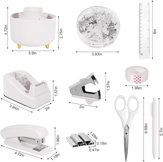 Gawsey Desk Organizers and Accessories Set with 360-Degree Rotating Pen Holder, Tape Dispenser, Stapler, Staple Remover, 1000 Staples, Tape, Clips Set, Ruler, Scissor, Pen