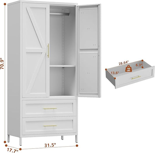 SUPEER Metal Wardrobe Cabinet with 2 Drawers and Hanging Rod, 70.9" H Metal Armoire Wardrobe Closet with Adjustable Shelf for Bedroom, Laundry Room, Home,Office,Installation Required,White
