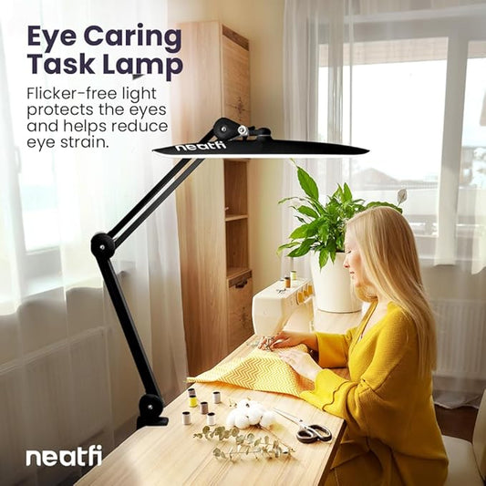 Neatfi XL 2,200 Lumens LED Task Lamp, 20W, 182 Pcs SMD LED, Dimmable, 4 Level Brightness, 3 Light Modes, Desk Light for Home, Office, Workbench (CCT, Black)