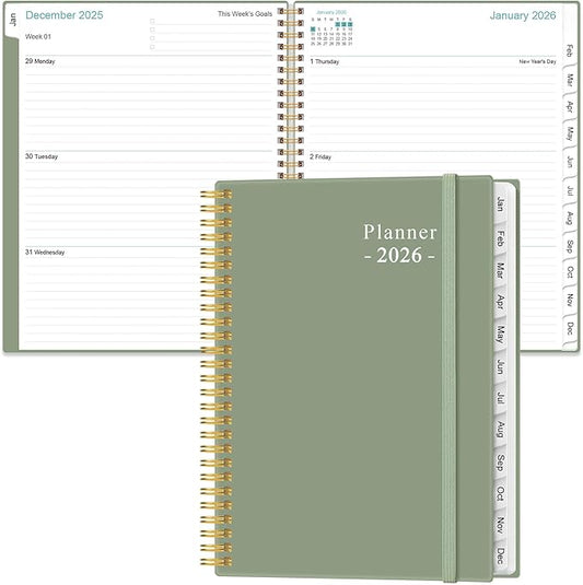 2026 Planner - Academic Planner 2026 from January 2026 to December 2026 with 12 Monthly Tabs, Flexible Cover, Inner Pocket, 8.5" x 11", Green
