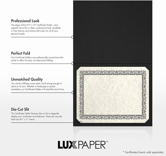 LUXPaper 9.5" x 12" Certificate Holders | Black Linen | 100lb. Cover | 250 Qty