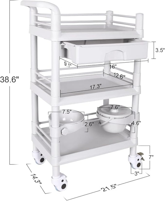 Mobile Medical Trolley Cart Portable 3-Tier Professional Cart 220 Lbs Load Utility Carts for Ultrasound Scanner Esthetician Carts with Drawer Lockable Rolling Wheels for Hospital Dental Clinic Home