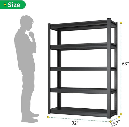 CBCNWR 63''H Garage Storage Shelves, 1800LBS Steel Heavy Duty Storage Shelves, Adjustable 5-Tier Metal Shelf Rack, Heavy Duty Shelving for Garage,Warehouse,Basement,Pantry–Black 32" Wx15.7 D x63 H