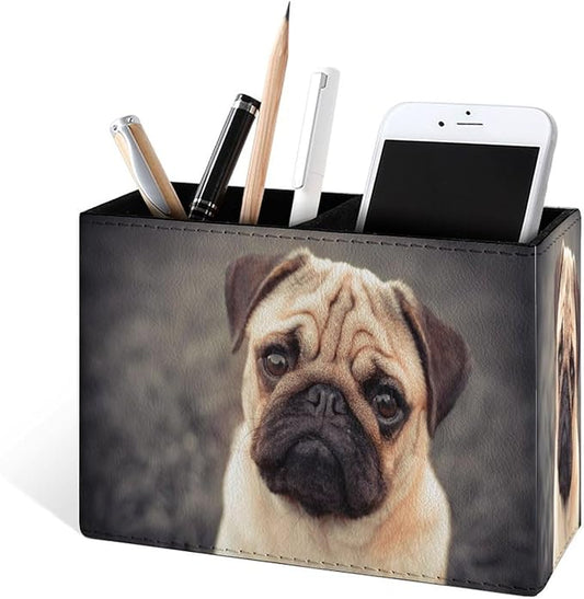 Famame 3D Pug Dog Puppy Pencil Holder for Desk, Leather Desktop Container Pen Cup Storage Study Table Pen Organizer Makeup Brushes Holder for Office Home