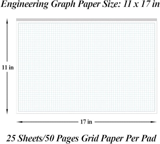 Engineering Graph Paper Pads, 11x17 Quadrille 25 Sheets/50 Pages Grid Paper for Drafting, Engineering, Blueprint Drawing, 4x4 Blue Quad Rule, 100gsm White Paper