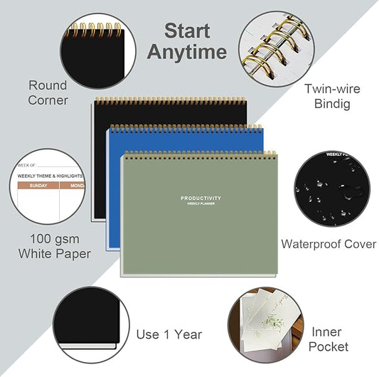 (3-Pack) Weekly Productivity Planner - 8.5" x 11" Dashboard Desk Notepad Has 6 Focus Areas to List Tasks for Goals, Projects, Clients, Academic or Meal-Organize Your Daily Work Efficiently, 54 Weeks