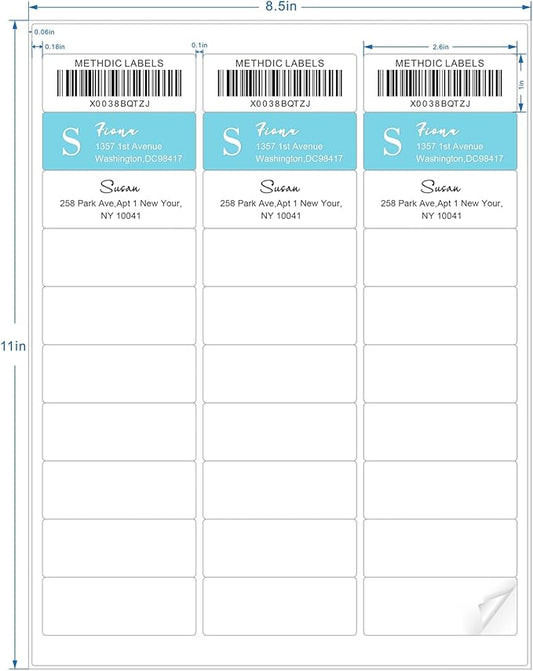 Methdic Address Labels 1" x 2-5/8" 900 Labels Sticker Paper for Laser/Ink Jet Printer Mailing Labels 8.5"×11" White 30 per Sheet