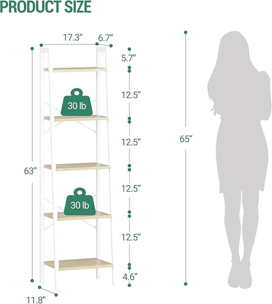 Hzuaneri Ladder Shelf, Bookshelf Bookcase, Freestanding Corner Storage Shelve with 2 Hooks for Home Office, Living Room, Kitchen, Bedroom, Industrial, 11.8" D x 17.3" W x 63" H, White Oak and White