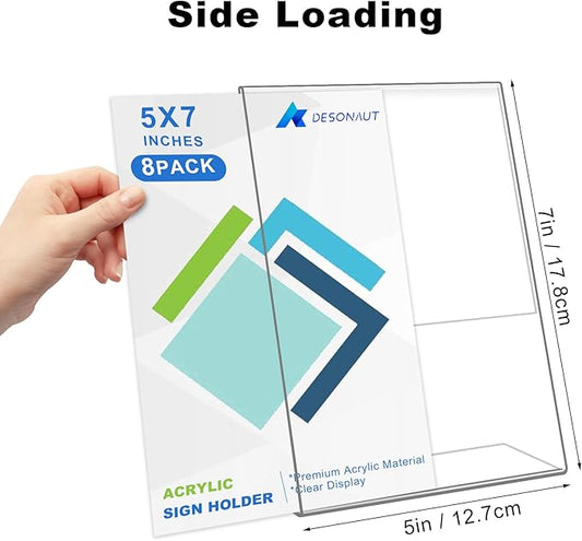 DESONAUT 8 Pack Slant Back Acrylic Sign Holder 5x7 inches, Clear Plastic Picture Frames, Desktop Tabletop Flyer Menu Holder Document Holder Paper Display Stand(Vertical)