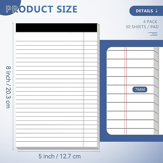 Nichela 5" x 8" Note Pads 4 Pack of Legal Pads 21lb Notepad College Ruled Legal Pad 30 Sheets Perforated Small Writing Pads Double-Side Printed Pad of Paper for School, College, Office
