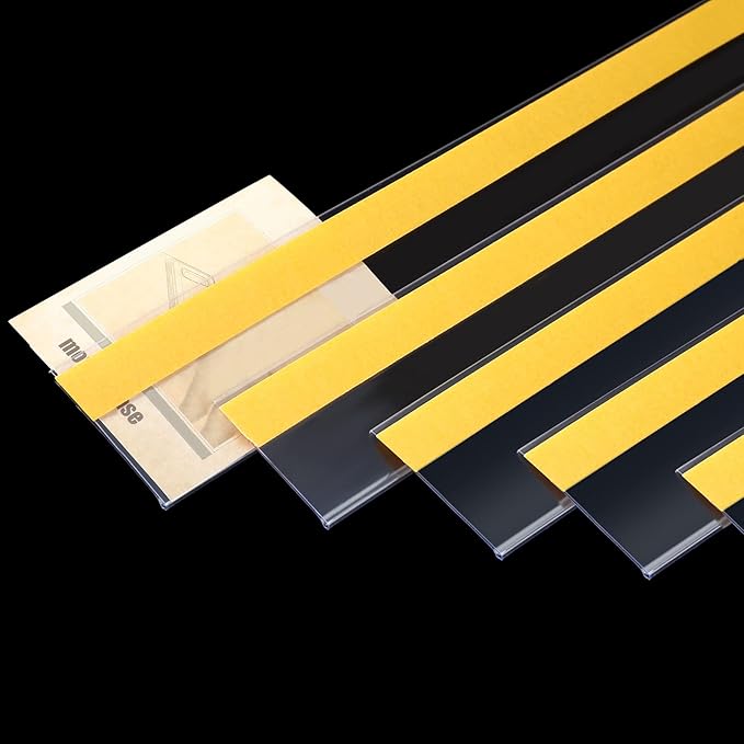 Fainne 50 Pcs 1.25 Inch Shelf Label Strip Holders Plastic Wire Shelf Price Tag Holder Self Adhesive Clear PVC Front and Back Labels Strip for Gondola Price Tag Wood Metal Rack, 48 Inches Long