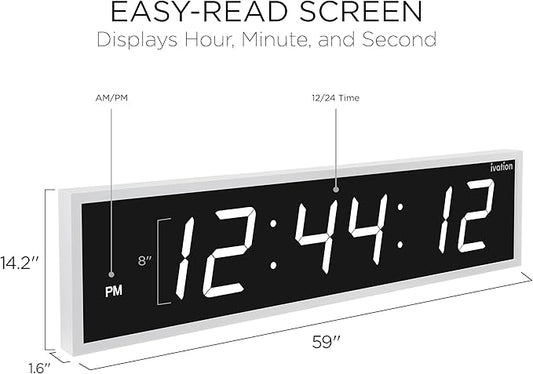 Ivation Huge Oversized 60" Large Digital LED Clock | Big Digital Clock w/Multi-Function Display – Stopwatch, Timer, Alarms, Temp & Date | 6 Brightness Levels, Time Memory & Remote (White)