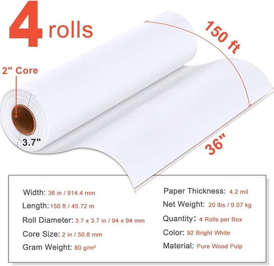 Plotter Paper 36" x 150', 2" Core 4.2 mil - 80 g/m² 20lb Bond Tracing Paper Roll for Wide Format Ink Jet Printers | Architectural Blueprints, Engineering Drawings, CAD, Custom-Sized Prints (4 Rolls)