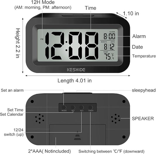 KESHIDE Travel Digital Alarm Clock, Battery Operated with Indoor Temperature, Desk Small Clock,Snooze Model,12/24H Display for Bedrooms Heavy Sleepers Kids Travel Bathroom (Black)