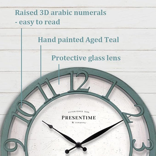 Presentime & Co 13" Farmhouse Series Wall Clock, Shiplap Style, Silent No Ticking, Coastal Clock, Raised 3D Arabic Numeral, Aged Teal Finish