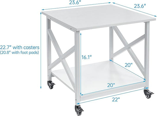 Fannova 23.6 x 23.6 Inches Large Printer Stand, 2 Tier Square Printer Table with Storage Shelf for Home Office, Multi-use Rolling Cart with Wheels for Laser, 3D Printer and Mini Fridge - White