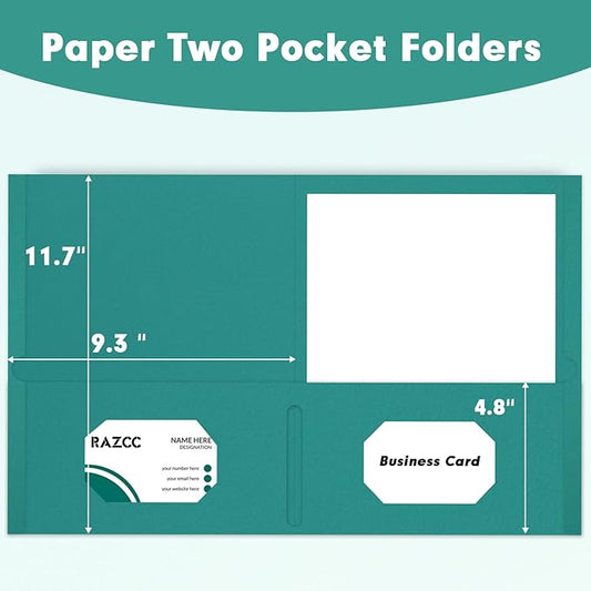Two Pocket Folders, RAZCC 50 Pack 2 Pocket Folders Fit Letter Size Paper, Paper Folders with Pockets for School Office Business Home (Turquoise)