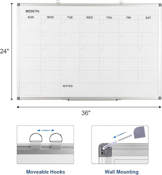 Comix Magnetic Dry Erase Calendar Whiteboard, 36 x 24 Inches Monthly Calendar Dry Erase Board for Wall, Aluminum Frame Planner White Board with Dry Erase Markers, Eraser, Magnets