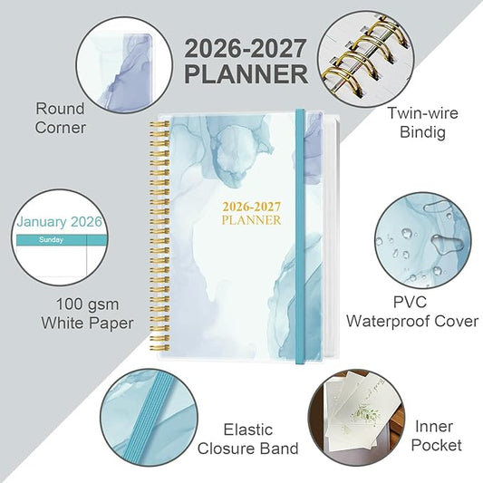 2026-2027 Planner - 18 Months Weekly & Monthly Planner from January 2026 - June 2027, Spiral Notebook 2026-2027 with Elastic Closure, Inner Pocket, Medium 5.8" x 8.3", Blue Watercolor