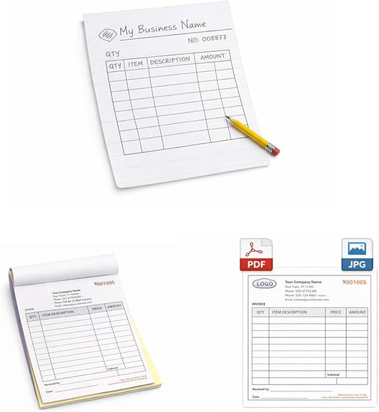 Custom Carbonless Invoice Book with Logo, Personalized Cover & Inner Pages, 2 Part NCR Receipt & Work Order Forms, Easy Tear, Writing Shield for Small Business (Upload Your Design, 10.24 * 7.48INCH)