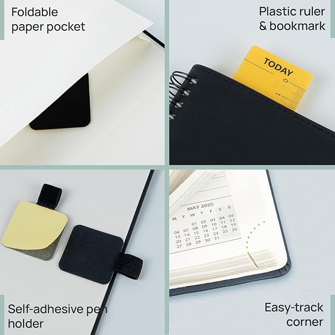POPRUN Planner 2025-2026 (Large - 8.5'' x 10.5'') Academic Weekly Calendar (July 2025 - June 2026) with Hourly Time Slots, Monthly Tabs, 100GSM Thick Papers, Spiral Leather Cover - Black