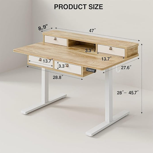 Grandder 47 Inch Electric Standing Desk with Four Drawers, Sit to Stand Up, Height Adjustable Desk with Storage Shelf for Home Office, Study, Ergonomic Adjustable Computer Desk, Oak
