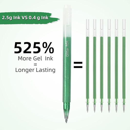 CAISEXILE 12 Green Glitter Gel Pens Set, 1.0 mm Fine Point for Black Paper & White Paper, Large Capacity Pens for Journaling, Adult Coloring Books, Drawing, Note Taking, Highlighting