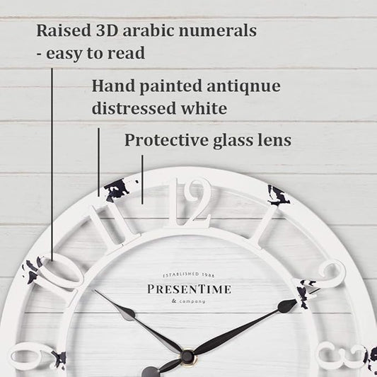Presentime & Co 10" Farmhouse Series Wall Clock, Shiplap Style, Raised 3D Arabic Numeral, Antique Distressed White