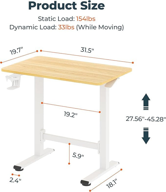 FitStand Small Pneumatic Adjustable Stand Up Desk, Rolling One-Piece Standing Desk 31.5 x 19.7 Inch, Home Office Desk Computer Workstation, Maple