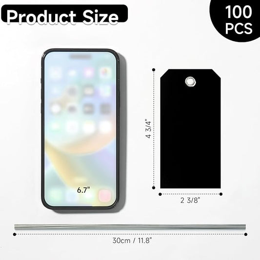 100 Pcs Waterproof Hanging Price Tags with String Attached - Black, 4 3/4" x 2 3/8" for Retail, Engraving, Gift, Equipment, Garage, Shelf Parts