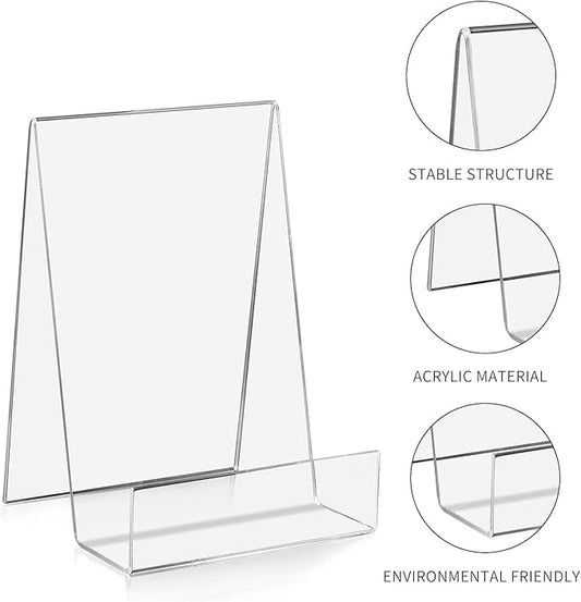 ZOEY Acrylic Book Stand with Ledge Clear Display Easels Plate - 10 Pack Book Holder Easel Stand for Books Display, Music Sheets, Artworks, CD, Tablet Holder (5Large+5Small)