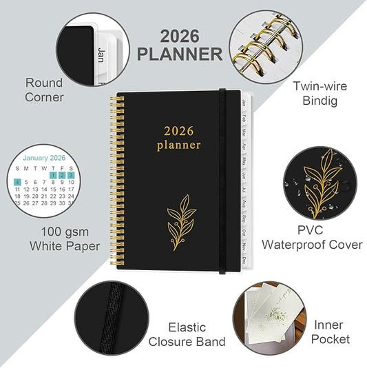 2026 Planner - Planner 2026 from January 2026 to December 2026 with 12 Monthly Tabs, Flexible Cover, Inner Pocket, 8.5" x 11", Leaf Black