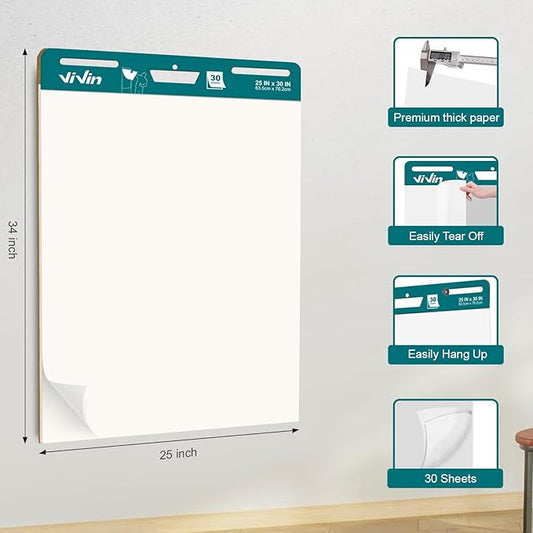 ViVin Super Sticky Easel Pad, 25 x 30 Inches Flip Chart Paper for Teachers, Large Self Stick Easel Paper, Teacher Anchor Chart, 30 Sheets/Pad, 2 Pads/Pack