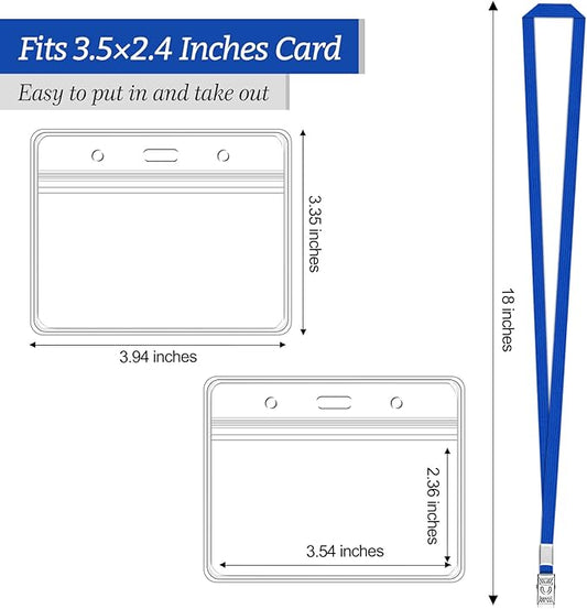 100 Pcs Clear Horizontal Badge Id Card and 100 Pcs Lanyard, Reusable Lanyards for Id Badge Holder Name Tag Badge Holder with Lanyards for Adults Kids Business School Conferences (Blue)