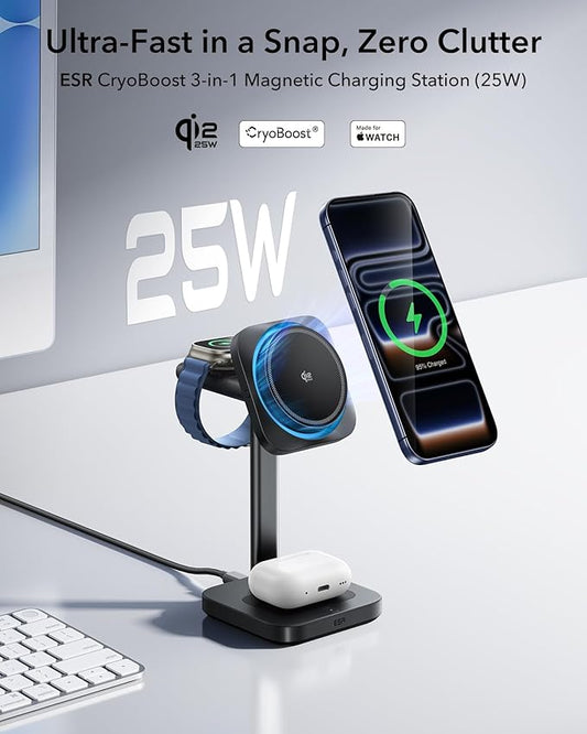 ESR for 3 in 1 Charging Station, Qi2.2 Certified 25W MagSafe Charger Stand with CryoBoost, Phone-Cooling Fast Charging Station, for iPhone 17/16 with iOS 26, AirPods, Apple Watch, Black