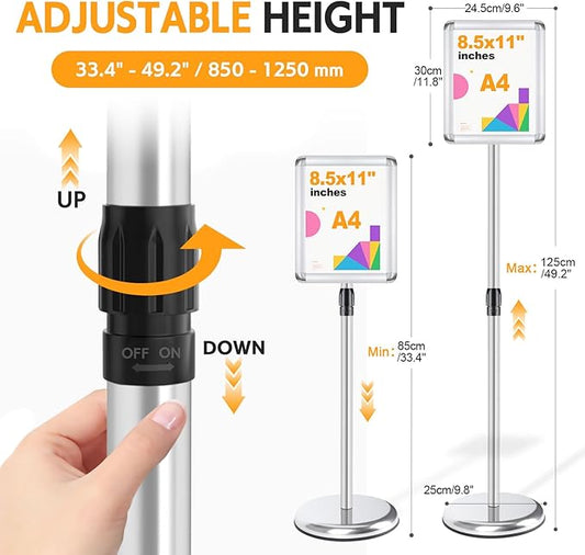 RedChili 2 Pack Sign Holder Stand 8.5x11 Inch, Adjustable Floor Standing Sign Holder Signage Stand with Aluminum Snap-Open Frame Vertical Horizontal View Display For Malls Schools Restaurants (Silver, Round Corner)