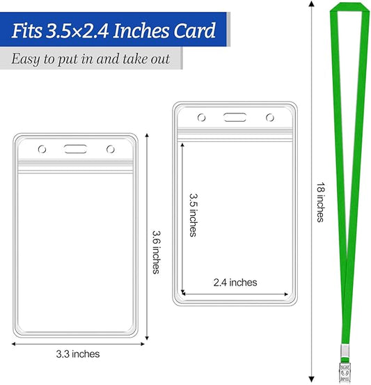 100 Pcs Clear Vertical Badge Id Card and 100 Pcs Lanyard, Reusable Lanyards for Id Badge Holder Name Tag Badge Holder with Lanyards for Adults Kids Business School Conferences (Green)